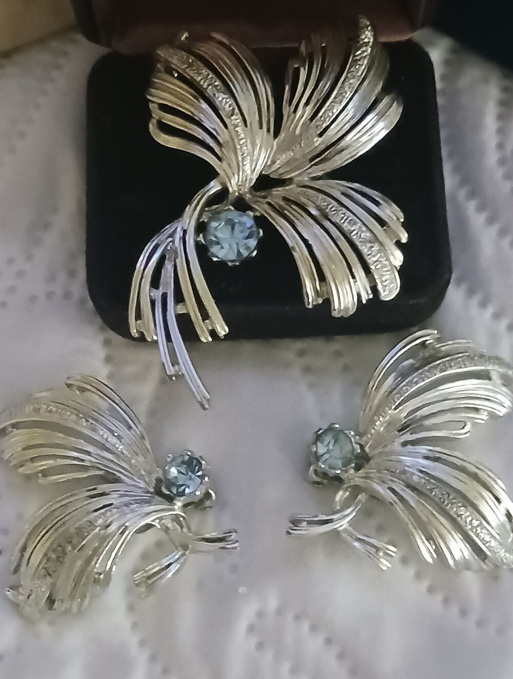 Emmons Vintage Silver-Tone Blue Crystal Floral Brooch and Earring Set
